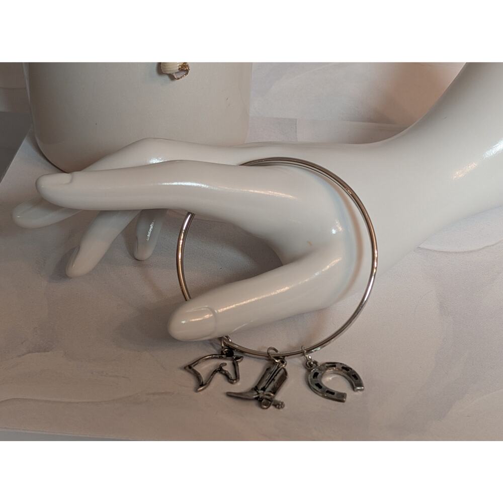 Vintage 1980s Silver-Tone Bangle Bracelet w/ Horse, Horseshoe, & Boot Charms